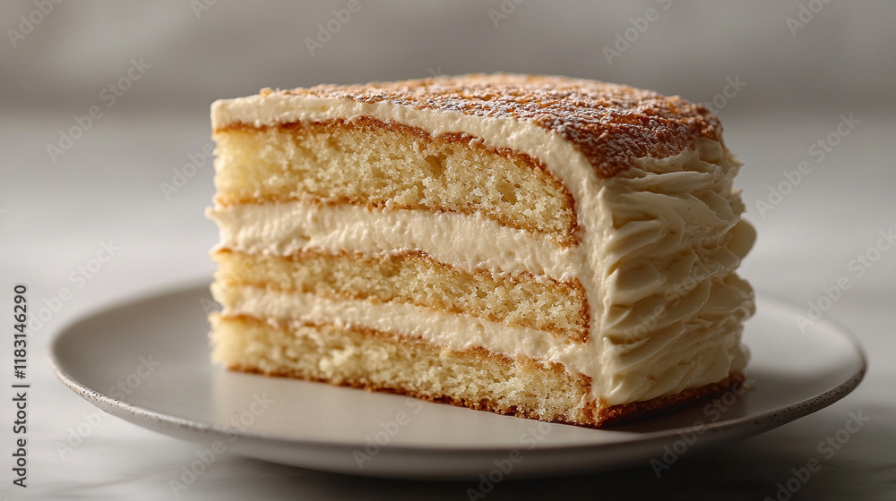 Fluffy vanilla layer cake with smooth, creamy frosting between each tier and a light dusting of powdered sugar. Fluffy vanilla layer cake with smooth, creamy frosting between each tier and a light dusting of powdered sugar.