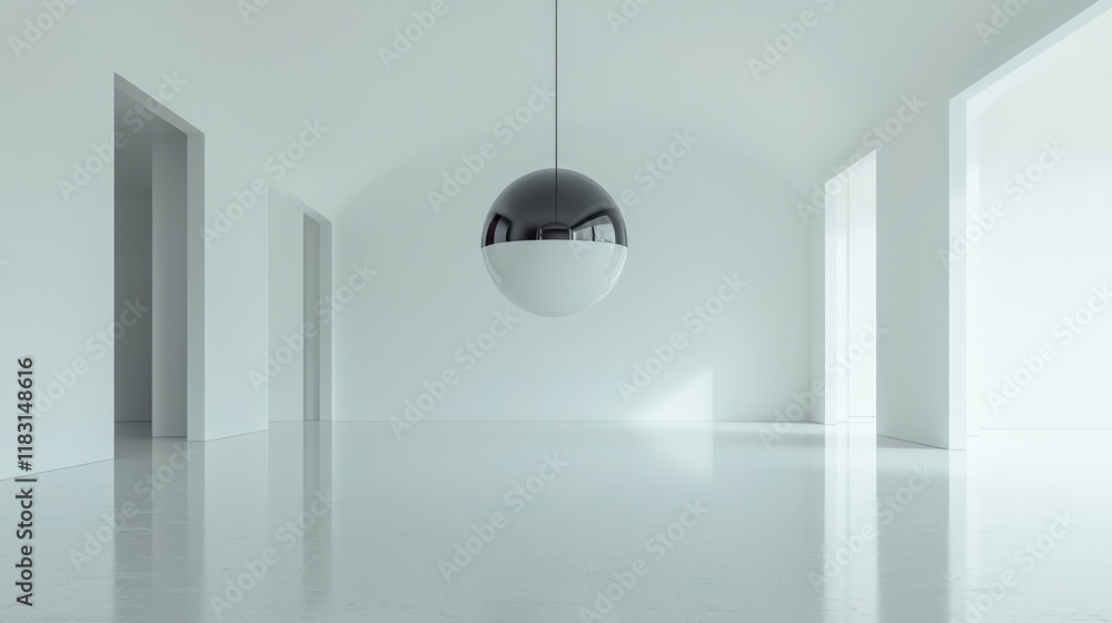 © Exnoi - A white room with a large round light hanging from the ceiling
