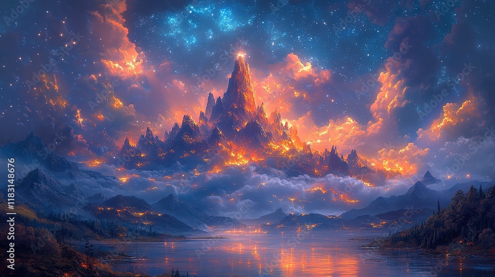 Fiery Mountain Range Under a Starlit Sky Fiery Mountain Range Under a Starlit Sky