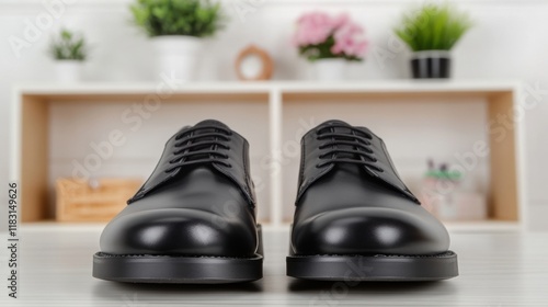 Black formal shoes are showcased on a soft gray surface against a minimalistic background with plants and decor items, conveying sophistication photo