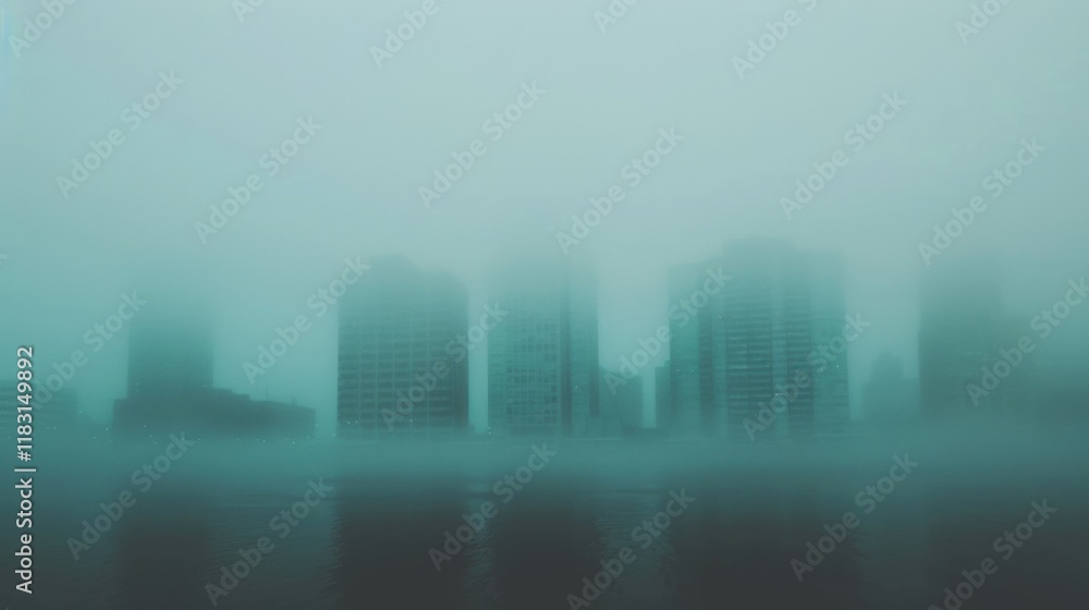 A city skyline is shrouded in thick fog, with high-rise buildings barely visible in the early morning light above the water A city skyline is shrouded in thick fog, with high-rise buildings barely visible in the early morning light above the water