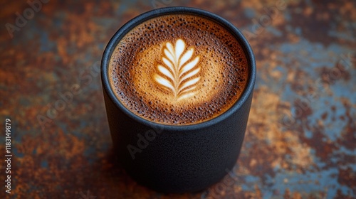 Flat white coffee in black cup on rustic surface. photo