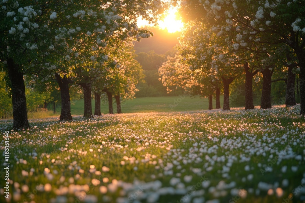 Obraz premium Sunlit park with trees and grass creating peaceful atmosphere
