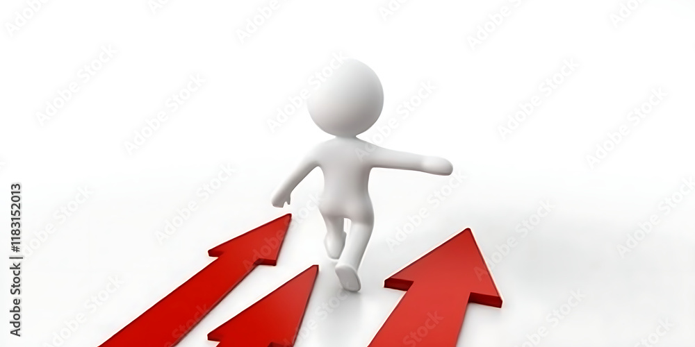 A white 3D cartoon man walking on three arrows, symbolizing the direction of life. High-definition and detailed representation of choices, decisions, and paths in life, using masterful composition A white 3D cartoon man walking on three arrows, symbolizing the direction of life. High-definition and detailed representation of choices, decisions, and paths in life, using masterful composition