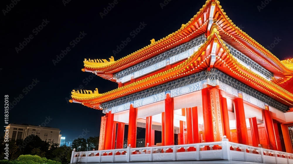 Obraz premium Vibrant Night View of Traditional Asian Architecture with Bright Red Colors