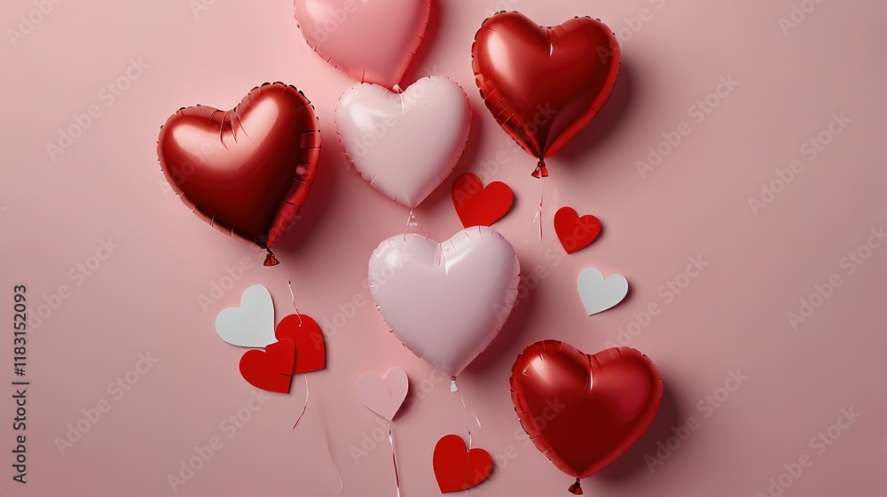 Valentine's day background with red and pink hearts like balloons on background Valentine's day background with red and pink hearts like balloons on background