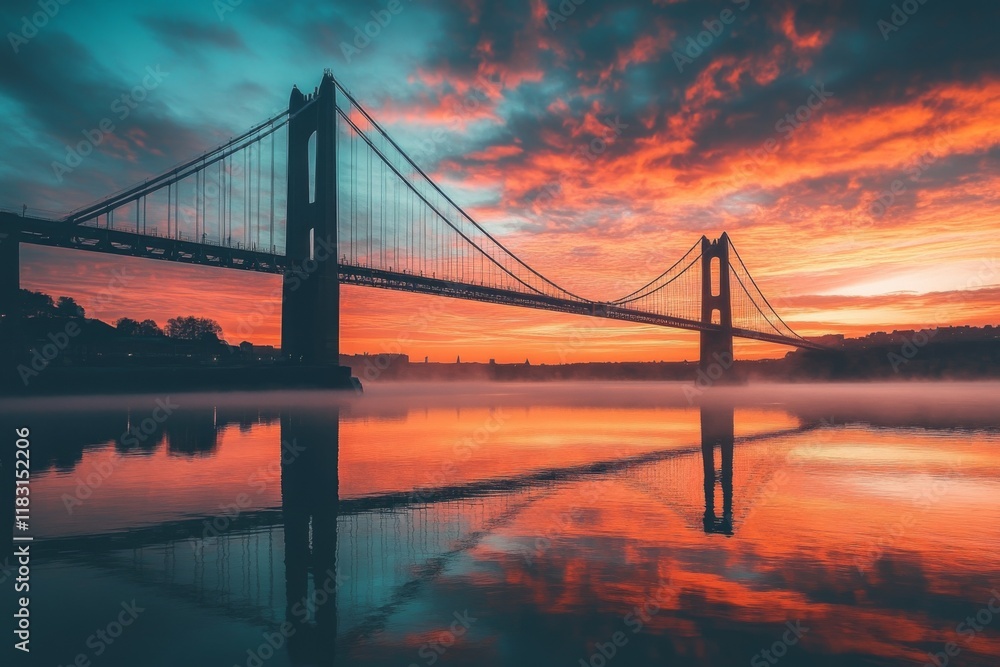 Fototapeta premium Bridge over a river during a vibrant sunset