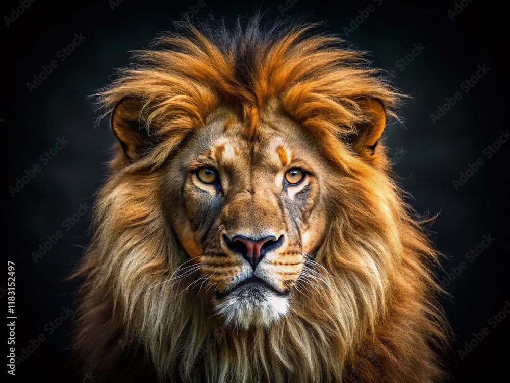 Majestic Lion Head Close-up on Black Background - Powerful Wildlife Photography Majestic Lion Head Close-up on Black Background - Powerful Wildlife Photography