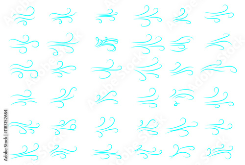 Doodle wind line sketch. Hand drawn doodle wind motion, air blow, swirl elements. Sketch drawn air blow motion, freshness, smoke flow art. Wind and air flow icons gusts. vector illustration