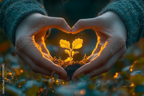 Hands cradling glowing soil with a small sprout