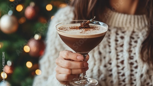 Woman holding an espresso martini with a festive background. photo