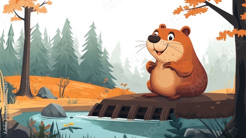 a 2D cartoon illustration of a curious beaver building a dam, forest background, white background--ar 16:9 photo