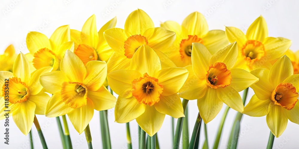 Macro close-up of vibrant yellow daffodils, isolated on white, showcasing intricate details in high-resolution spring bloom. Macro close-up of vibrant yellow daffodils, isolated on white, showcasing intricate details in high-resolution spring bloom.