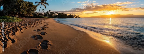 A beach with a sunset in the background