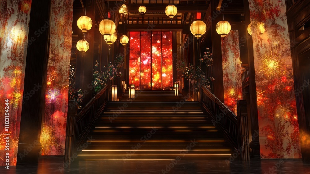 A grand staircase adorned with lanterns, glowing spotlights, and curtains revealing colorful fireworks, designed to reflect Spring Festival and Chinese New Year aesthetics A grand staircase adorned with lanterns, glowing spotlights, and curtains revealing colorful fireworks, designed to reflect Spring Festival and Chinese New Year aesthetics