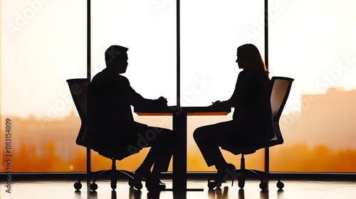 Silhouettes of Business Professionals in Conference Room at Sunset, Genrative AI.