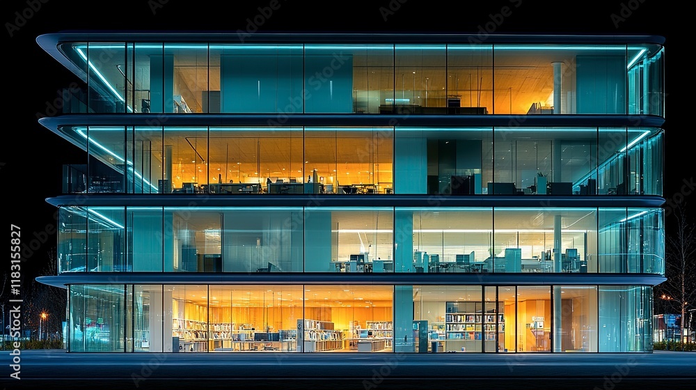 Modern Glass Office Building Illuminated At Night Modern Glass Office Building Illuminated At Night