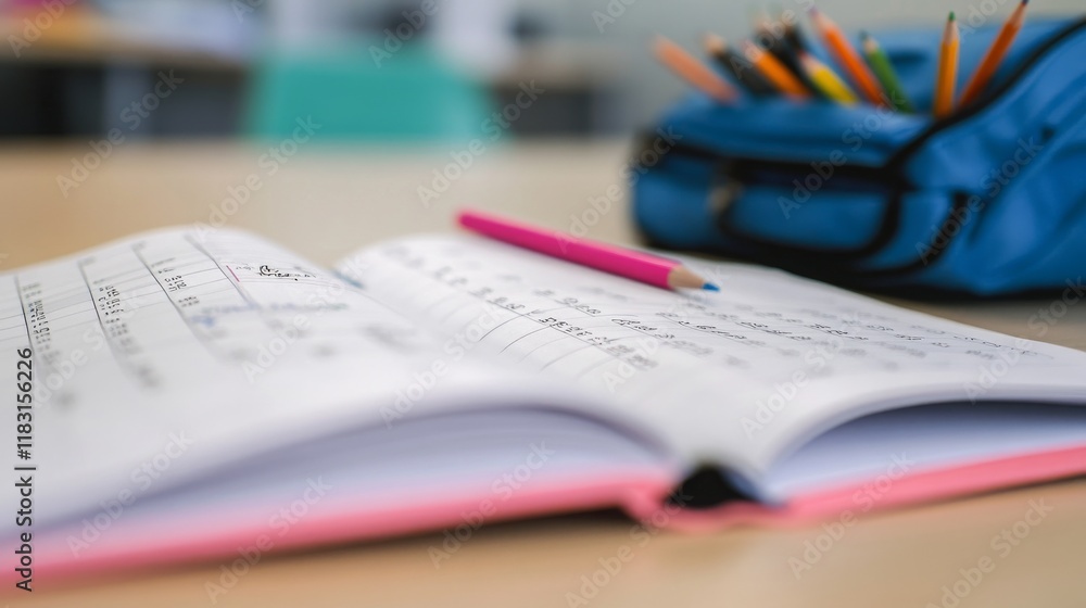 Obraz premium Open notebook with handwritten notes and a pink pencil on a desk, alongside a colorful pencil case filled with pencils in a classroom setting.
