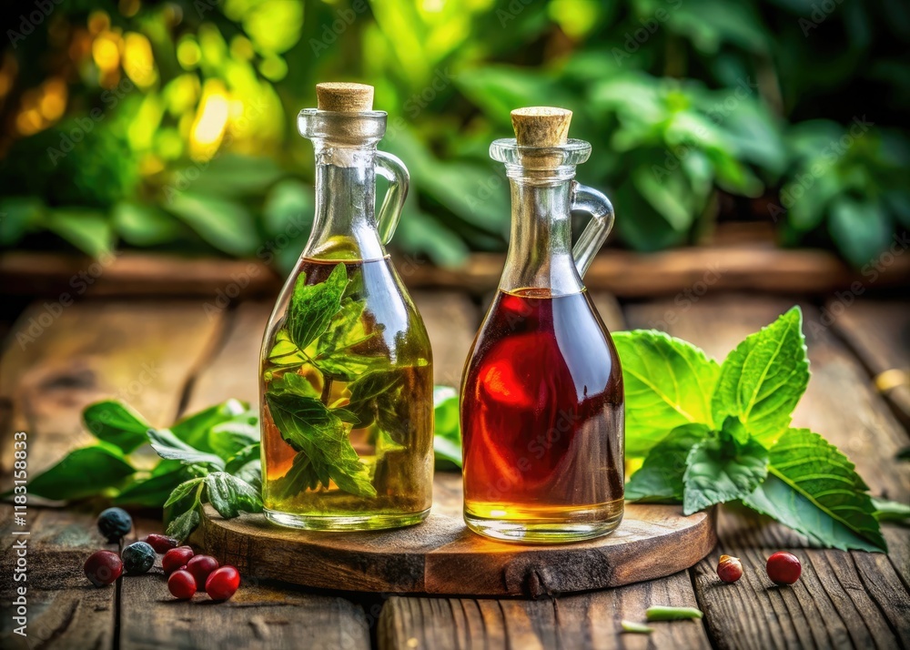 Rustic kitchen still life: oil, vinegar, herbs, and leaves in aged bottles. Rustic kitchen still life: oil, vinegar, herbs, and leaves in aged bottles.