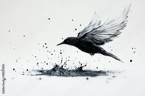 Black bird flying with its body dissolving into abstract particles photo