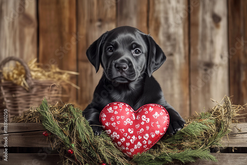 This adorable black lab puppy rests on wood, straw, and pine in a rustic country farm setting with Valentine’s Day charm.