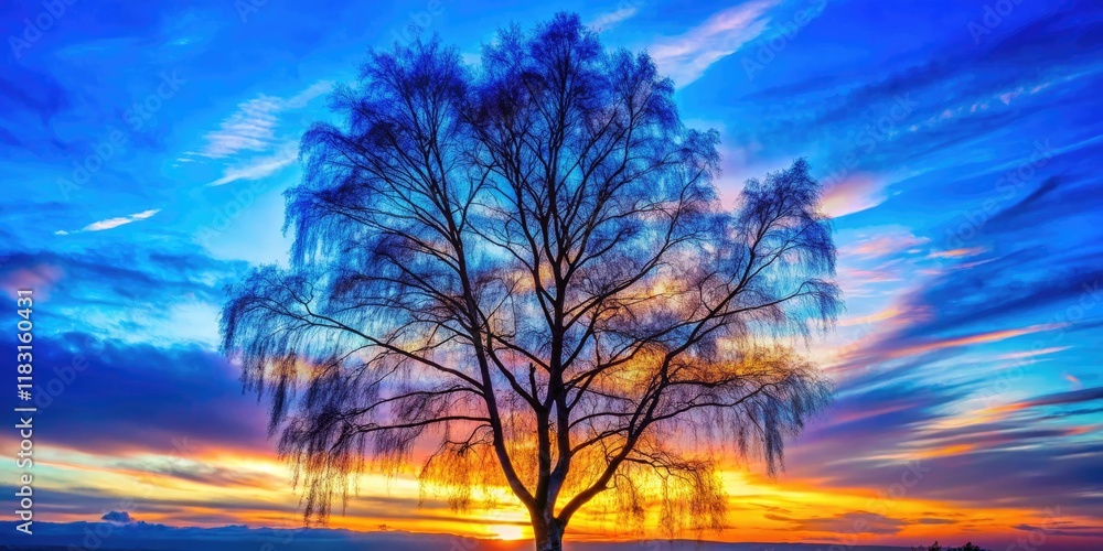 Fototapeta premium Serene sunset silhouettes a birch tree against a vast blue sky.