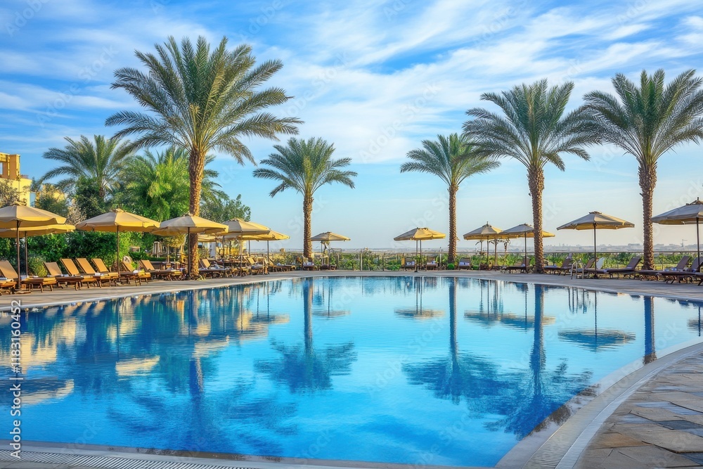Resort pool, palm trees, sunrise, Egypt, vacation Resort pool, palm trees, sunrise, Egypt, vacation