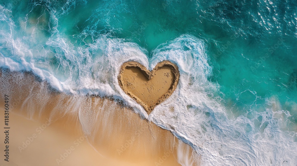 Fototapeta premium A picturesque heart in the sand, molded by ocean waves, set against the backdrop of a tropical beach with vibrant turquoise waters
