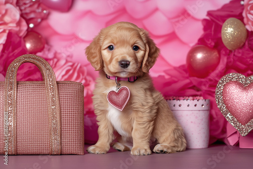 This posh puppy in a pink, luxury themed scene is the perfect Valentine’s Day companion.