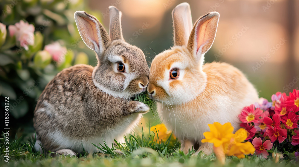 Fototapeta premium Two adorable rabbits nibbling on fresh grass surrounded by colorful flowers, creating serene and joyful scene in nature