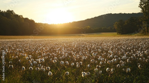 Golden sunset over a field of fluffy white plants. photo