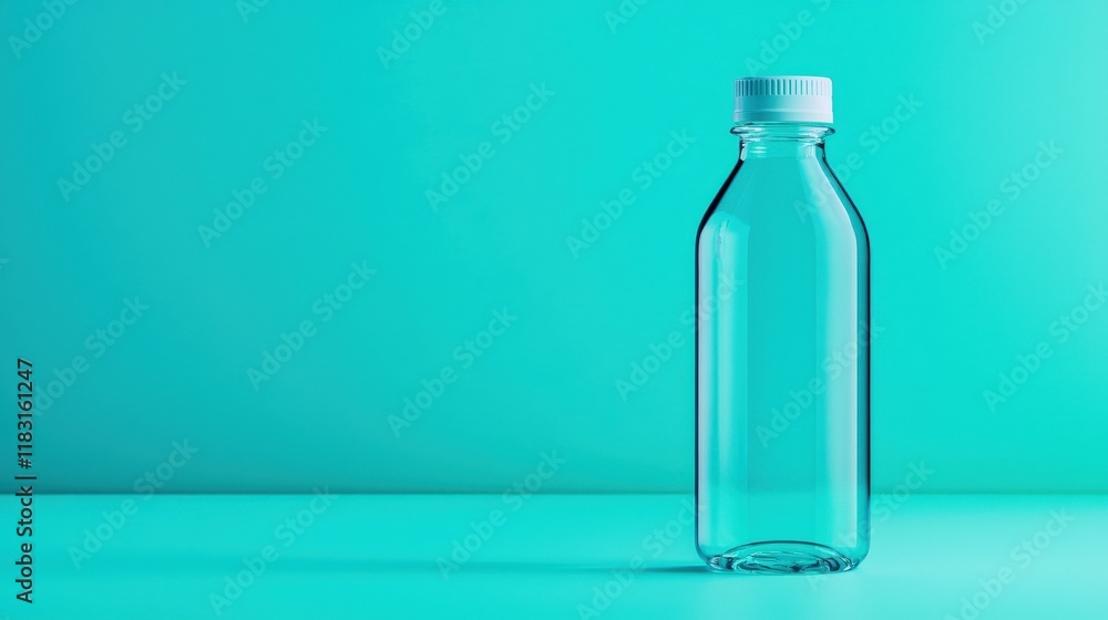 A clear bottle with a white cap is sitting on a blue surface A clear bottle with a white cap is sitting on a blue surface