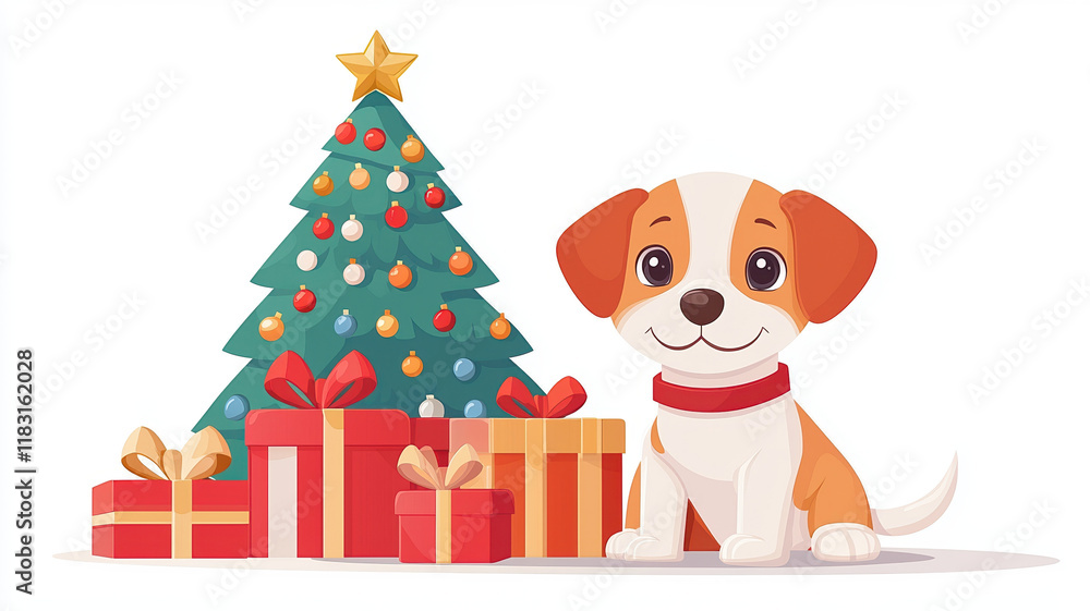 Fototapeta premium cheerful puppy sitting near decorated Christmas tree with colorful gifts, radiating joy and festive spirit. Perfect for holiday themed designs