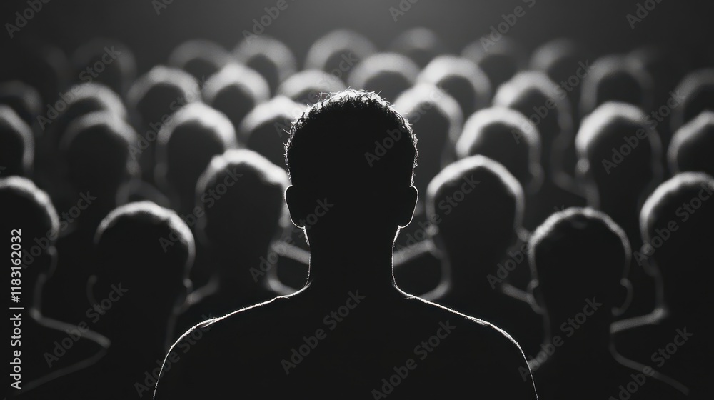 Fototapeta premium A silhouetted figure stands before a crowd, creating a powerful contrast in this striking black-and-white image that evokes themes of identity and unity.