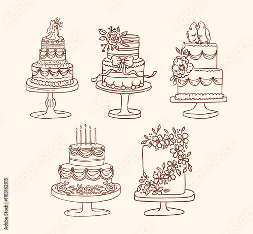 A collection of elegant minimalist line art wedding cake illustrations featuring floral, bow, and romantic elements, perfect for timeless celebrations and wedding designs.