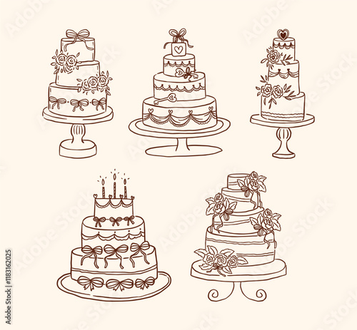 A collection of elegant minimalist line art wedding cake illustrations featuring floral, bow, and romantic elements, perfect for timeless celebrations and wedding designs.