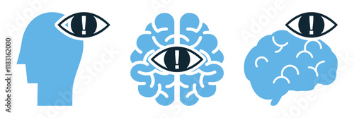 Paranoia psychology icon vector illustration featuring head and brain symbols with alert eye icons, representing mental health, awareness, and cognitive fear concepts.
