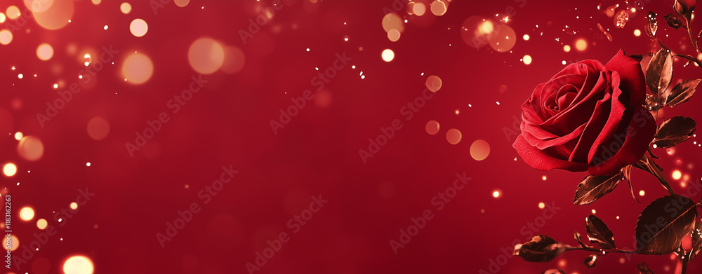 Red Background with Bokeh Lights and Rose for Valentine's Day Themes, Creating a Romantic Atmosphere for Festive Banners and Posters. Red Background with Bokeh Lights and Rose for Valentine's Day Themes, Creating a Romantic Atmosphere for Festive Banners and Posters.