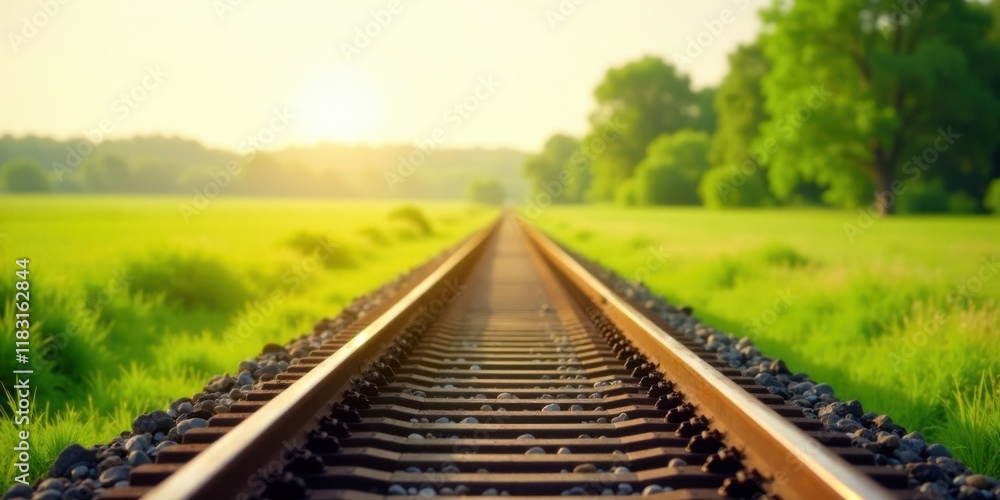 Fototapeta premium Golden Hour Railway Tracks Extending into Lush Green Meadow