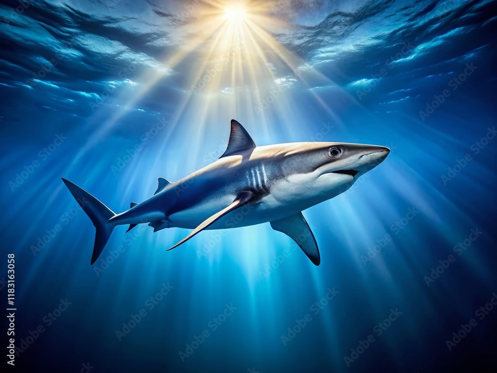 Fototapeta premium Majestic Ocean Shark: Drone Aerial View of a Lone Shark Swimming in Crystal Clear Blue Water
