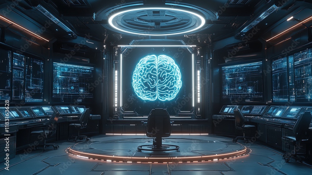 Obraz premium Artificial Intelligence Control Room With Glowing Brain