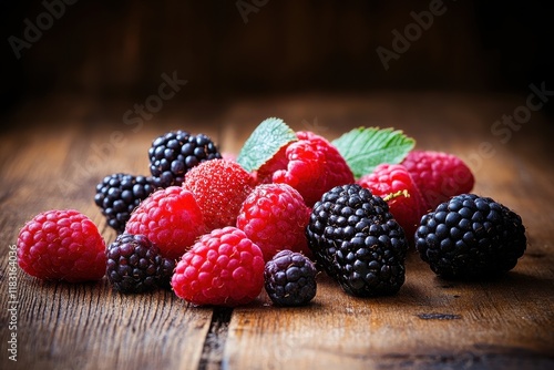 Raspberries, blackberries, wood, rustic, still life, food photography, summer, healthy, dessert photo