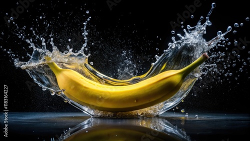Surreal banana water splash: creative food photography with motion blur and a falling fruit.