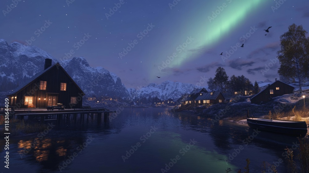 Fototapeta premium Nighttime view of the Aurora Borealis over Henningsvaer - ai