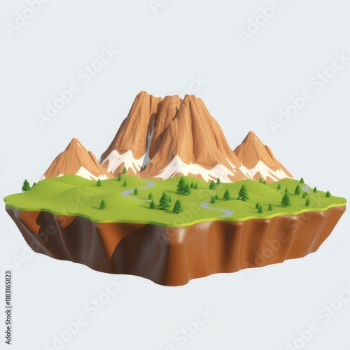 3D floating island with mountains, trees, and a stream. photo