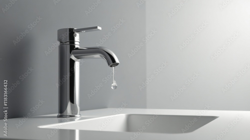 A Single Drop of Water Dripping from a Modern Chrome Faucet in a Minimalist Bathroom Setting A Single Drop of Water Dripping from a Modern Chrome Faucet in a Minimalist Bathroom Setting