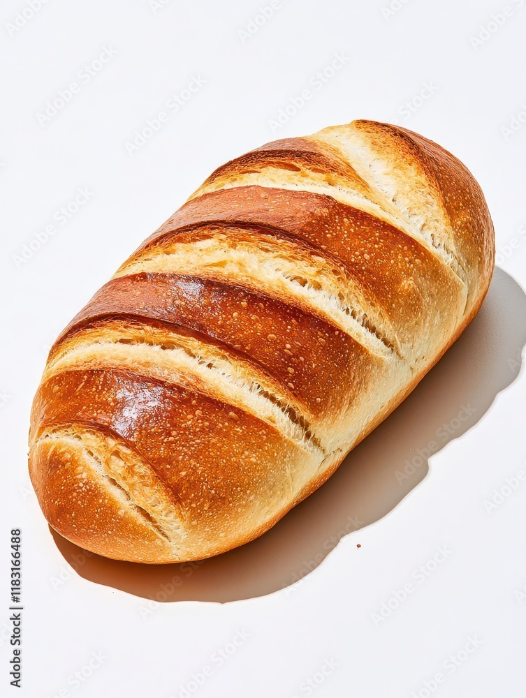 A photostock of a freshly baked loaf of artisan bread with a golden crust, set on a clean white surface, symbolizing rustic and organic food themes. High Quality A photostock of a freshly baked loaf of artisan bread with a golden crust, set on a clean white surface, symbolizing rustic and organic food themes. High Quality