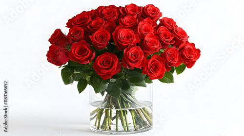 Fototapeta Naklejka Na Ścianę i Meble -  A stunning bouquet of two dozen vibrant red roses arranged in a clear glass vase.  Perfect for Valentine's Day, anniversaries, or any romantic occasion.