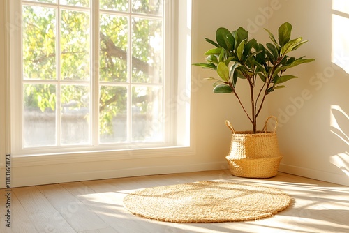 Sunlit Room Decor: Plant, Rug, Wooden Floor - Minimalist interior d.