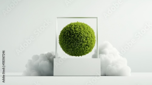 Green Sphere in Minimalist White Frame, Nature Concept